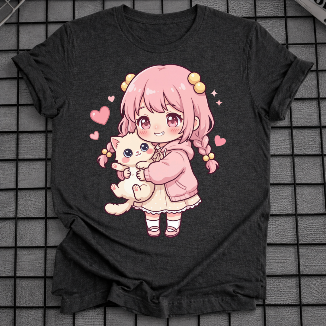 NIEDLICHES ANIME-MÄDCHEN KATZEN-T-SHIRT