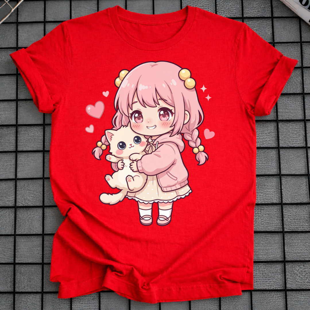 NIEDLICHES ANIME-MÄDCHEN KATZEN-T-SHIRT