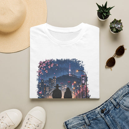 Romantic Night Stroll T-Shirt — Couple Silhouette Under Cherry Blossoms