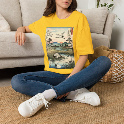 Japanese Crane Print T-Shirt — Vintage Ukiyo-e Landscape Tee