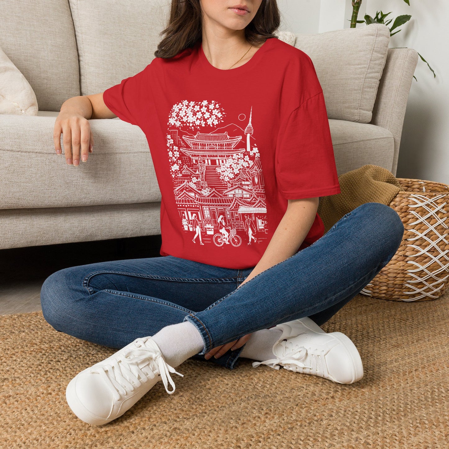 Korean Temple & Cherry Blossom T-Shirt — Seoul Pagoda Skyline Tee