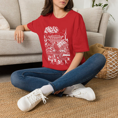 Korean Temple & Cherry Blossom T-Shirt — Seoul Pagoda Skyline Tee