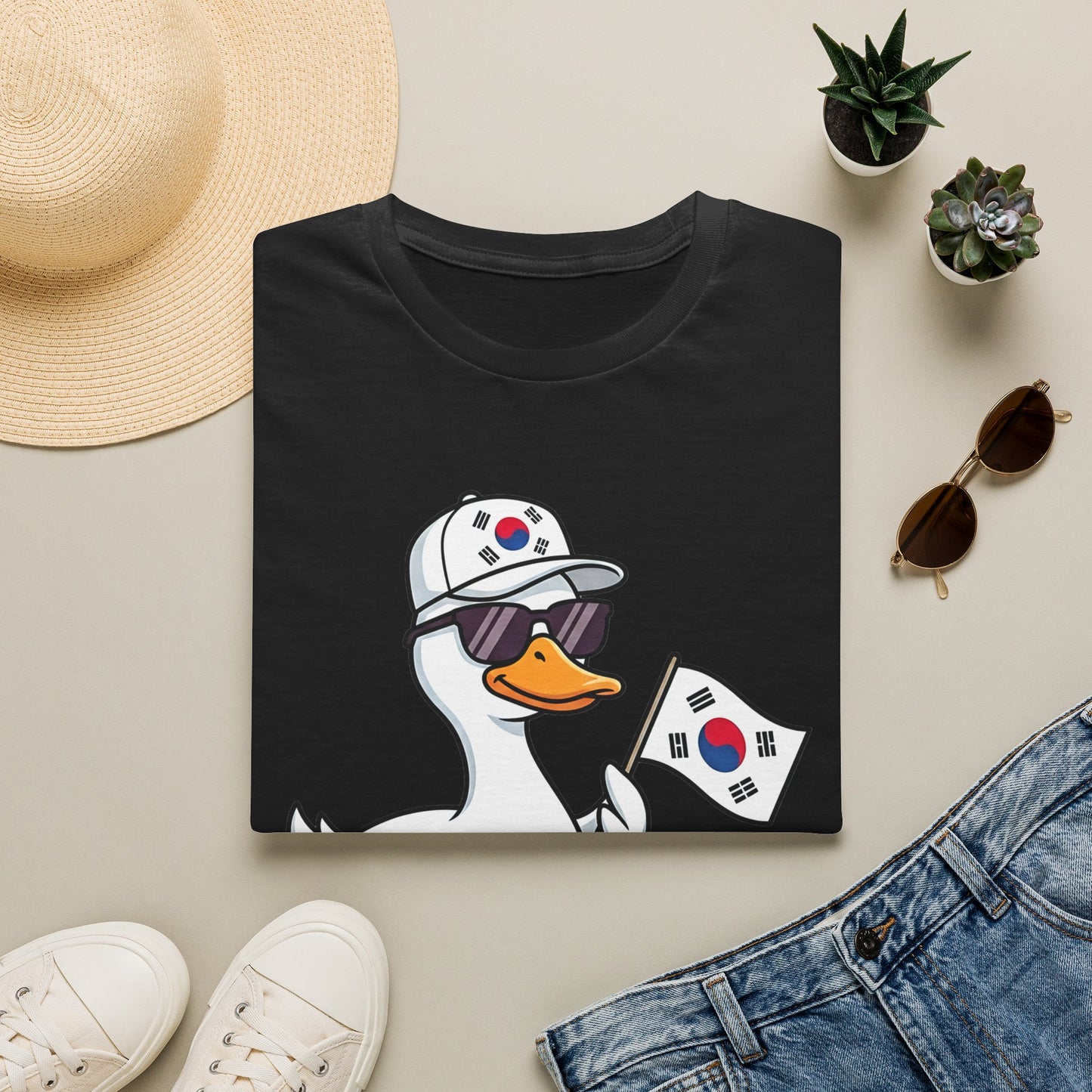 Korean Flag Duck T-Shirt — Cute Sunglasses Duck Holding South Korea Flag