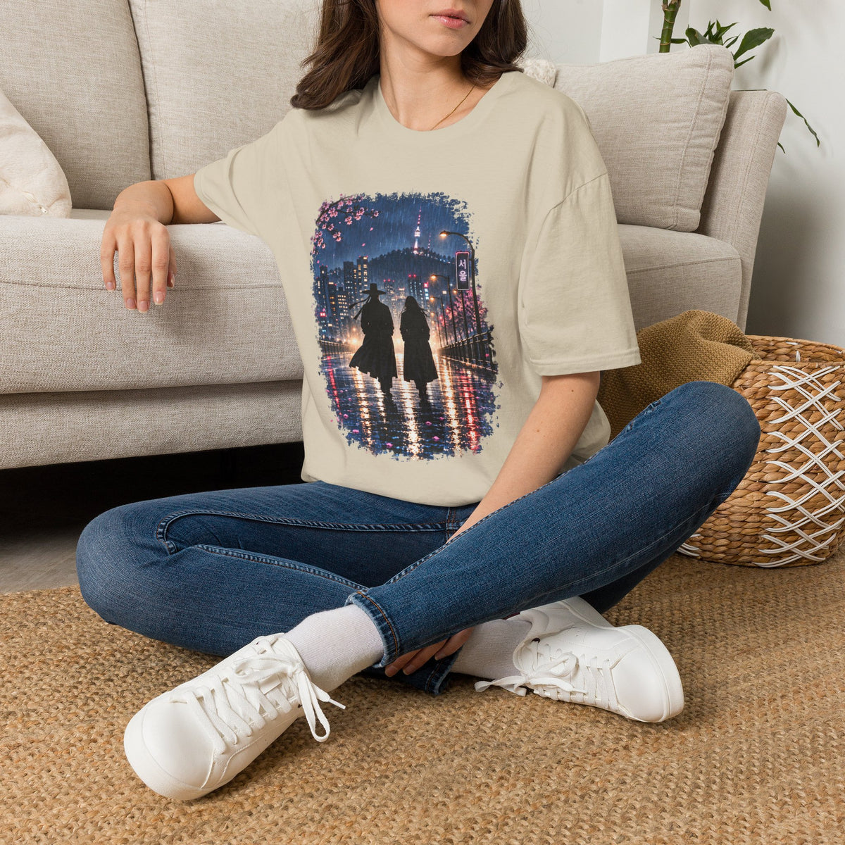 Romantic Night Stroll T-Shirt — Couple Silhouette Under Cherry Blossoms
