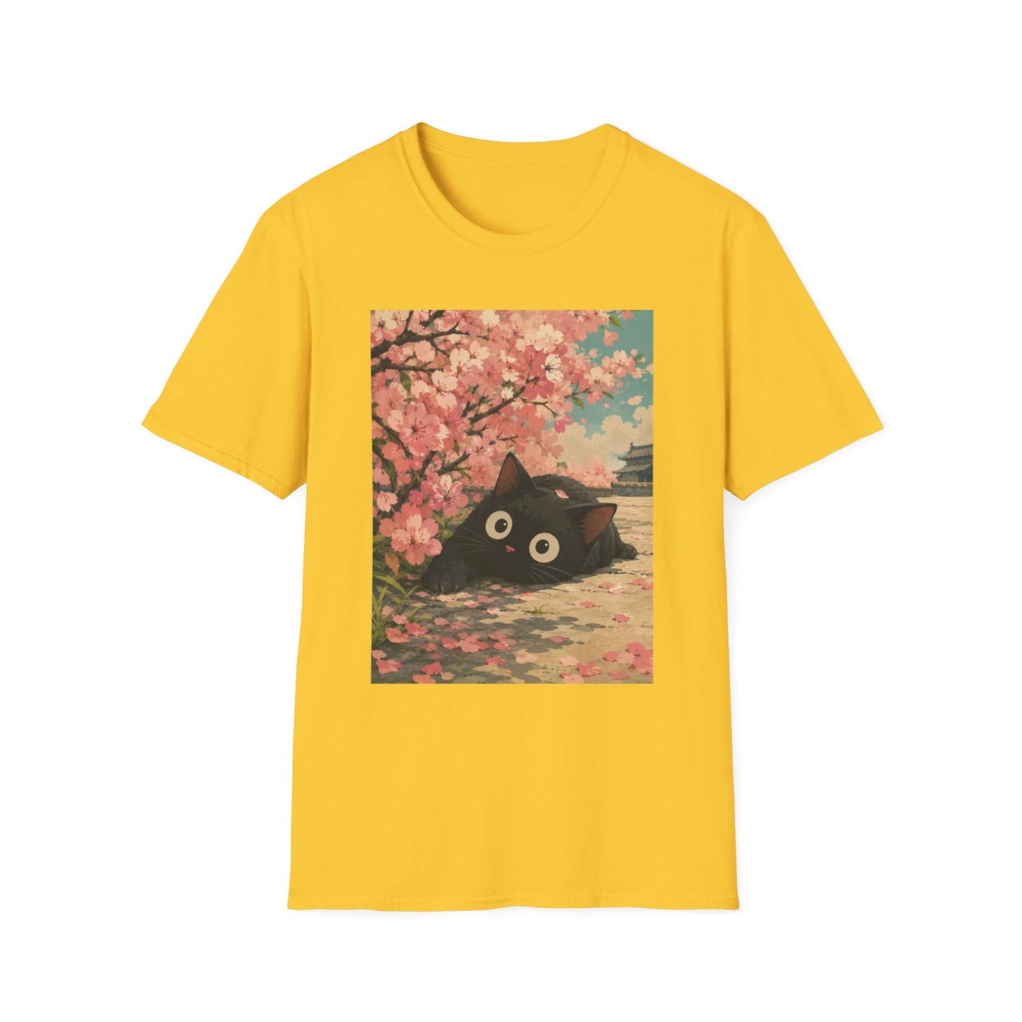 Cherry Blossom Cat T-Shirt — Cute Black Cat Under Sakura Scene