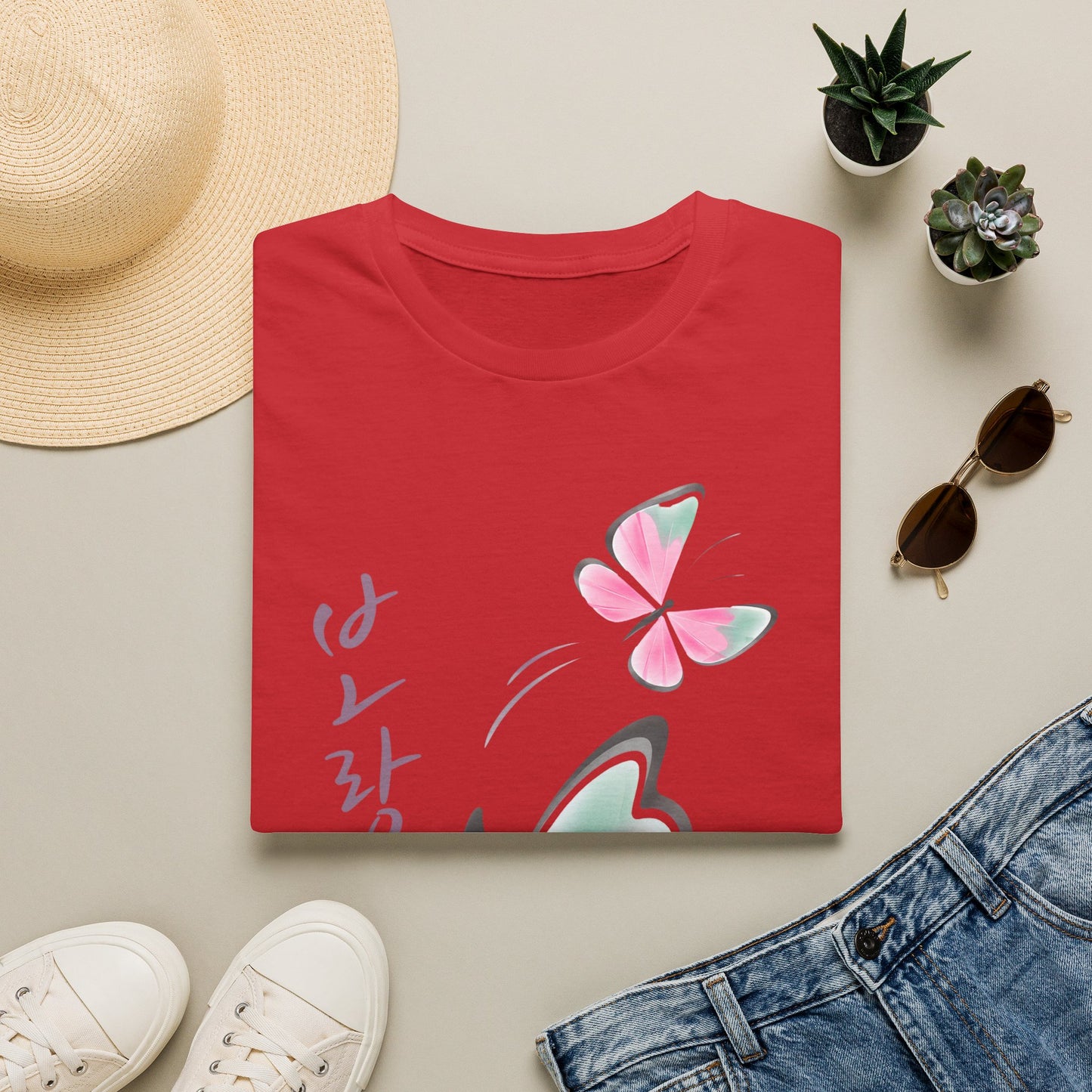 Butterfly Blossom T-Shirt — Korean Script Pink Watercolor Butterflies