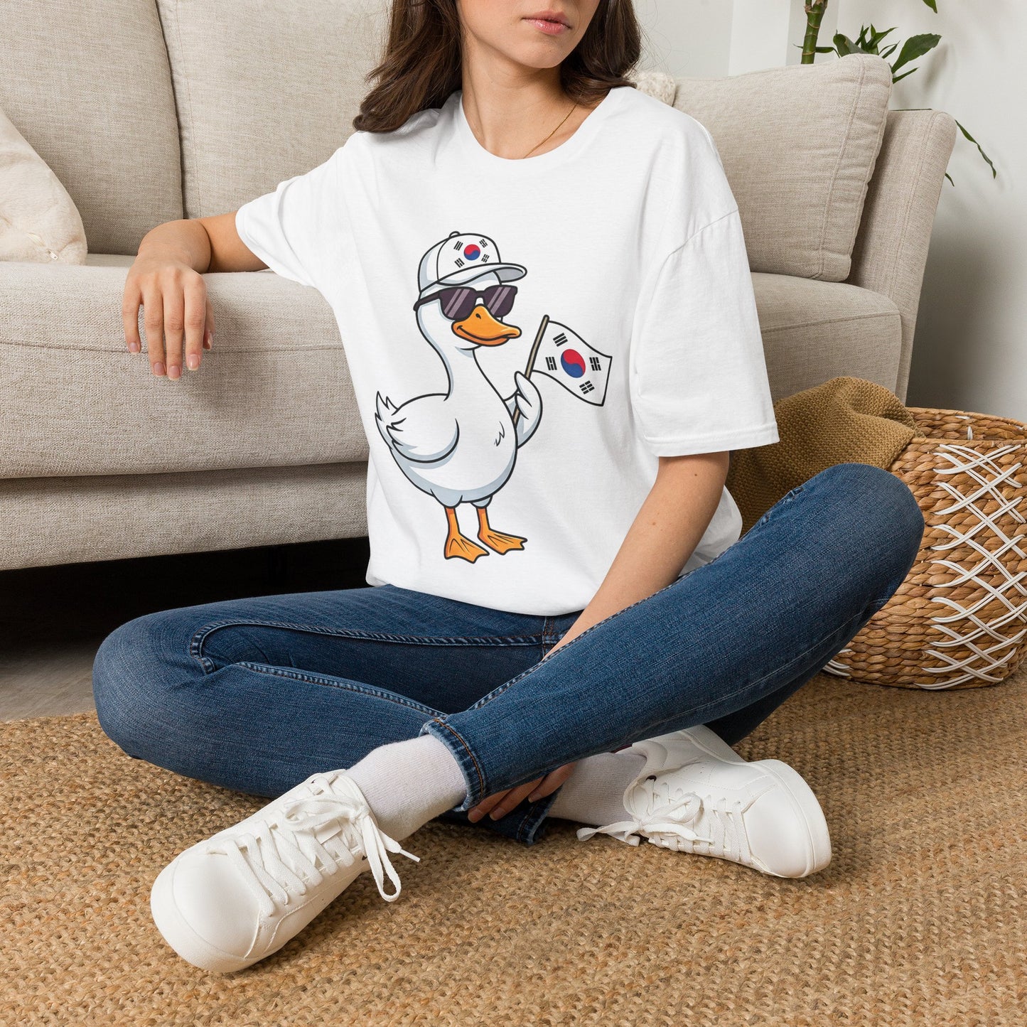 Korean Flag Duck T-Shirt — Cute Sunglasses Duck Holding South Korea Flag