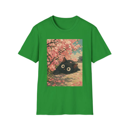 Cherry Blossom Cat T-Shirt — Cute Black Cat Under Sakura Scene