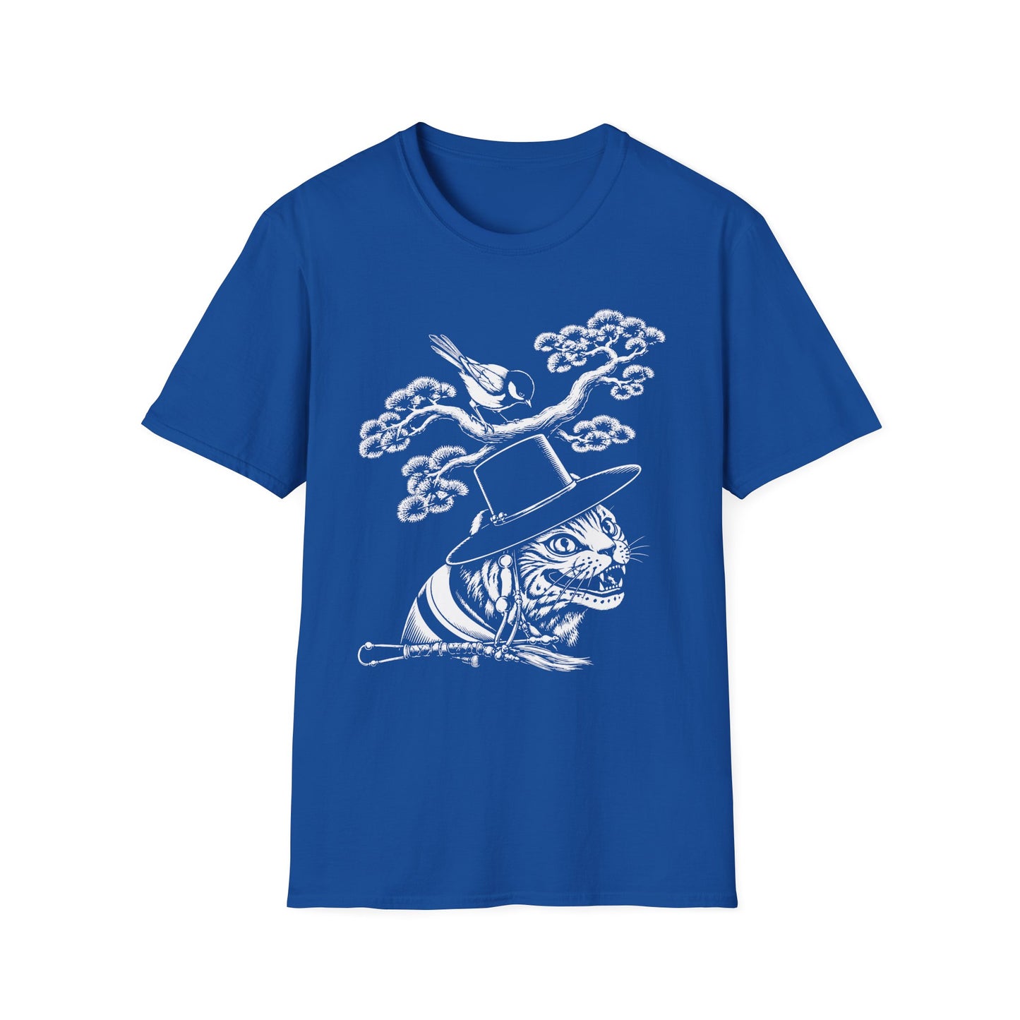 Cat in Top Hat T-Shirt — Whimsical Noir Cat & Bird Graphic Tee