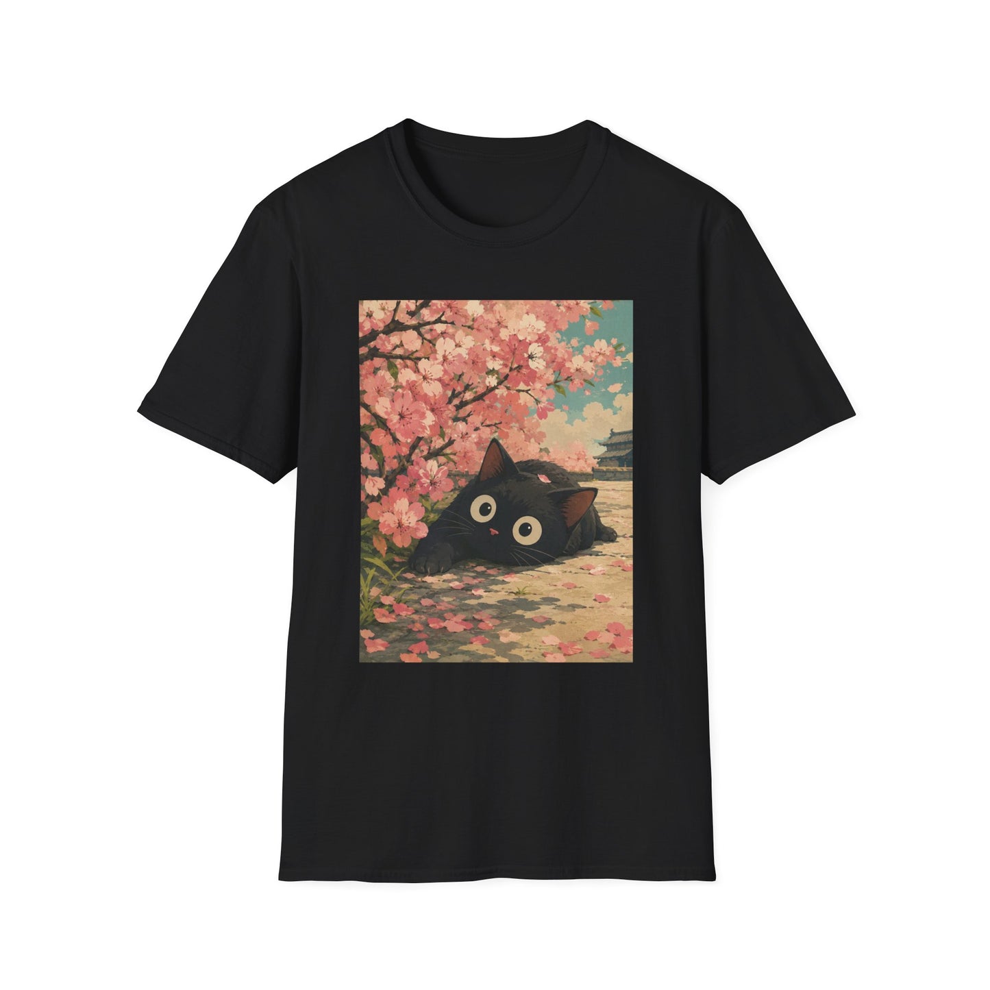 Cherry Blossom Cat T-Shirt — Cute Black Cat Under Sakura Scene