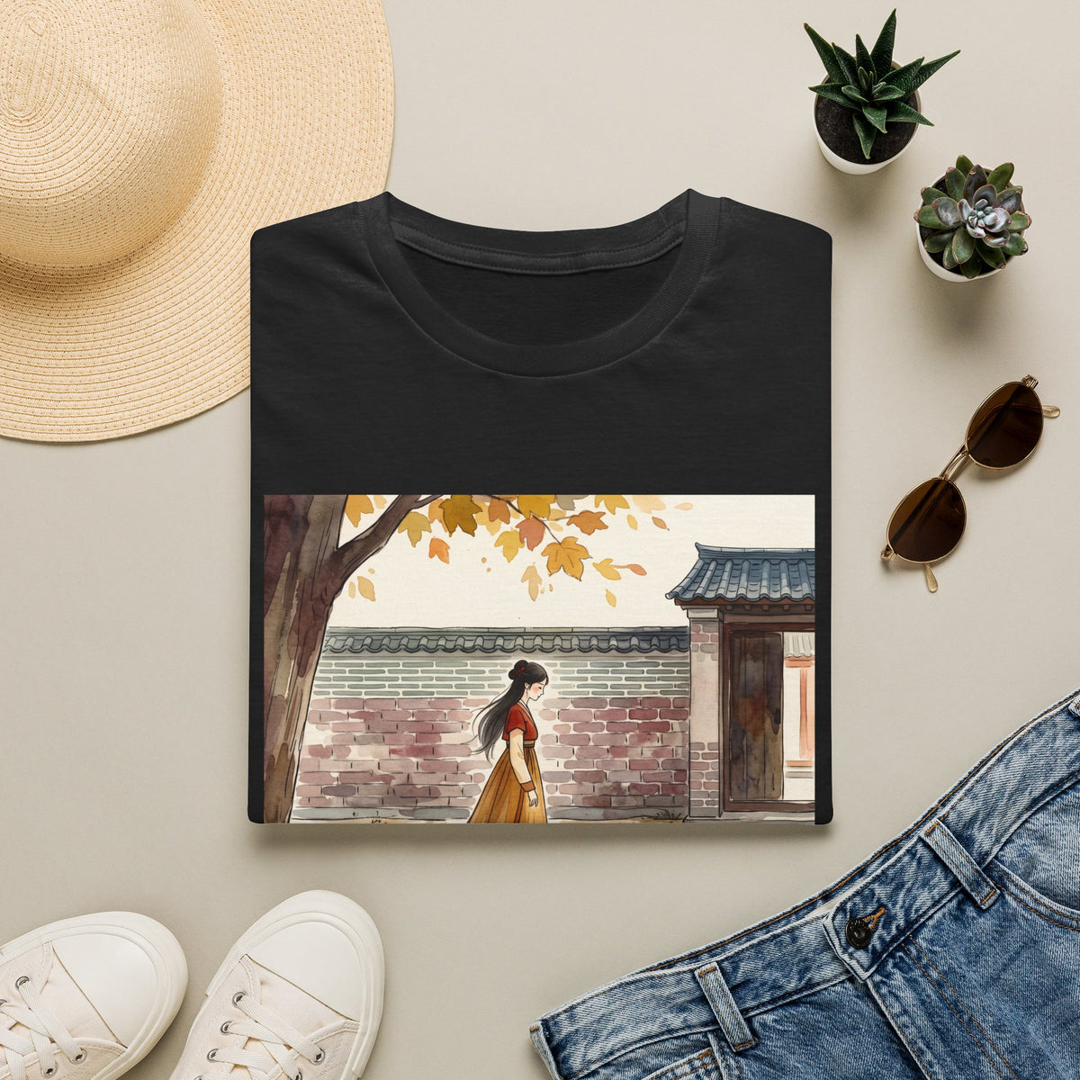 Autumn Stroll Tee — Woman in Traditional Dress Illustration