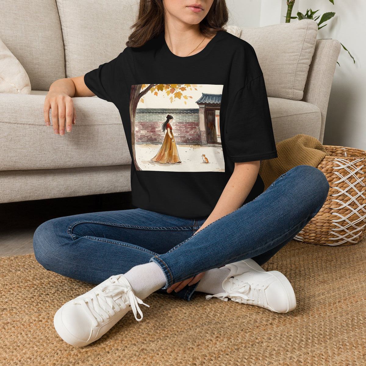 Autumn Stroll Tee — Woman in Traditional Dress Illustration