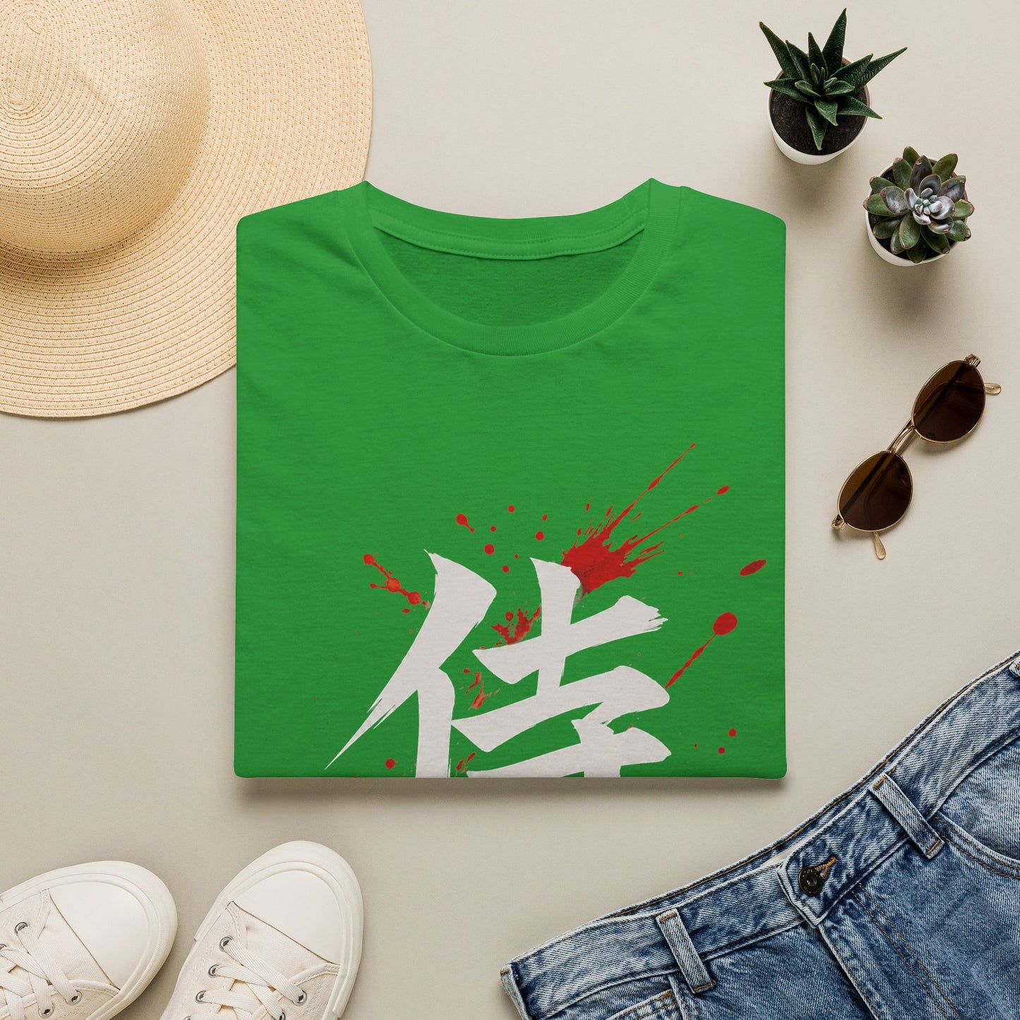 Samurai Kanji T‑Shirt — Bold White Character with Red Blood Splatter Graphic