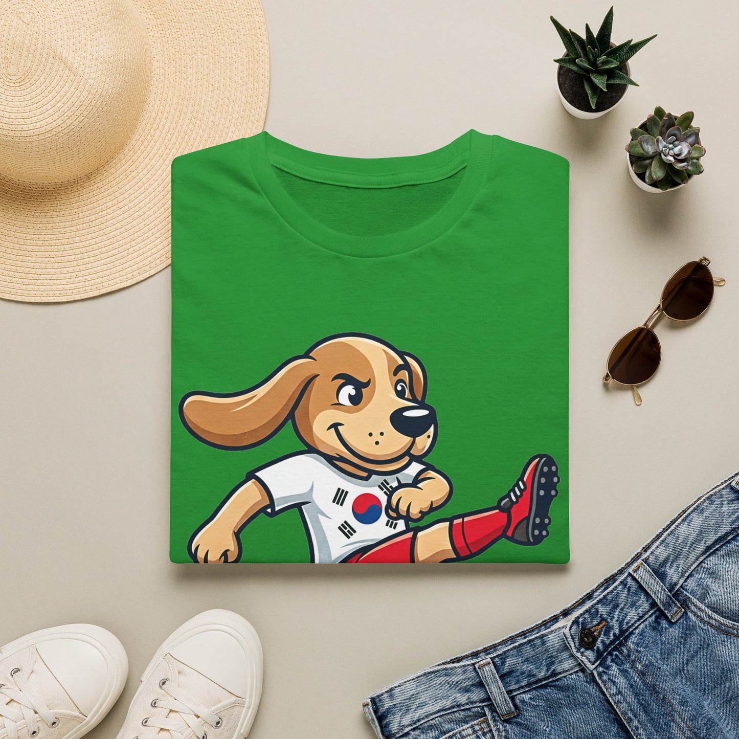 Kids’ Soccer Dog T-Shirt — Cute Cartoon Puppy Kicking Ball (Korean Flag Jersey)
