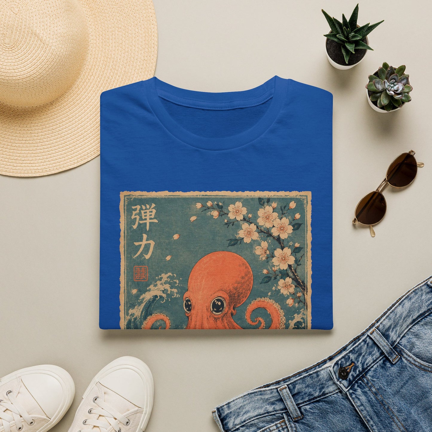 Octopus Vintage Art T-Shirt — Japanese Cherry Blossom Ocean Print (弾力)