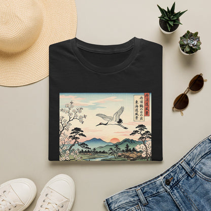 Japanese Crane Print T-Shirt — Vintage Ukiyo-e Landscape Tee