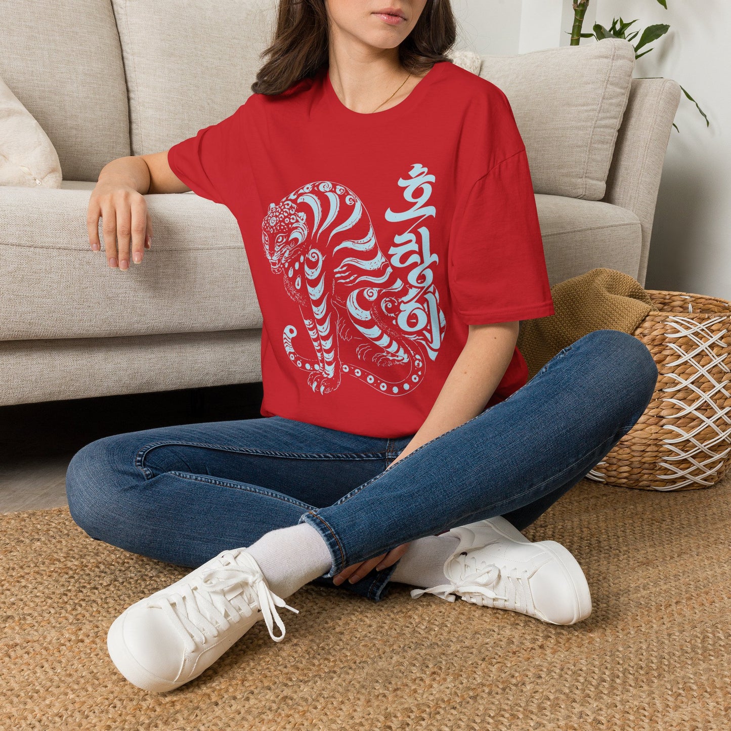 Korean Tiger Graphic T‑Shirt — Stylized Blue Tiger with Hangul Accent
