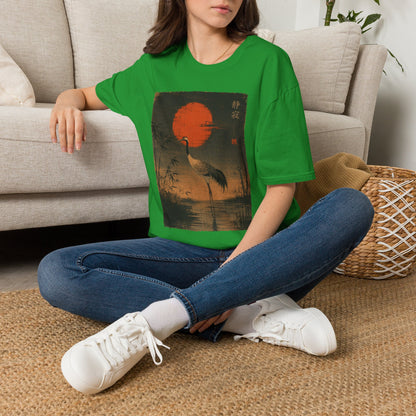 Crane & Red Sun T-Shirt — Japanese Vintage Sunset Tee