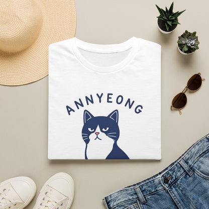 Annyeong Cat T-Shirt — Cute Korean Greeting Cat Graphic Tee ("Annyeong Meowseyo")