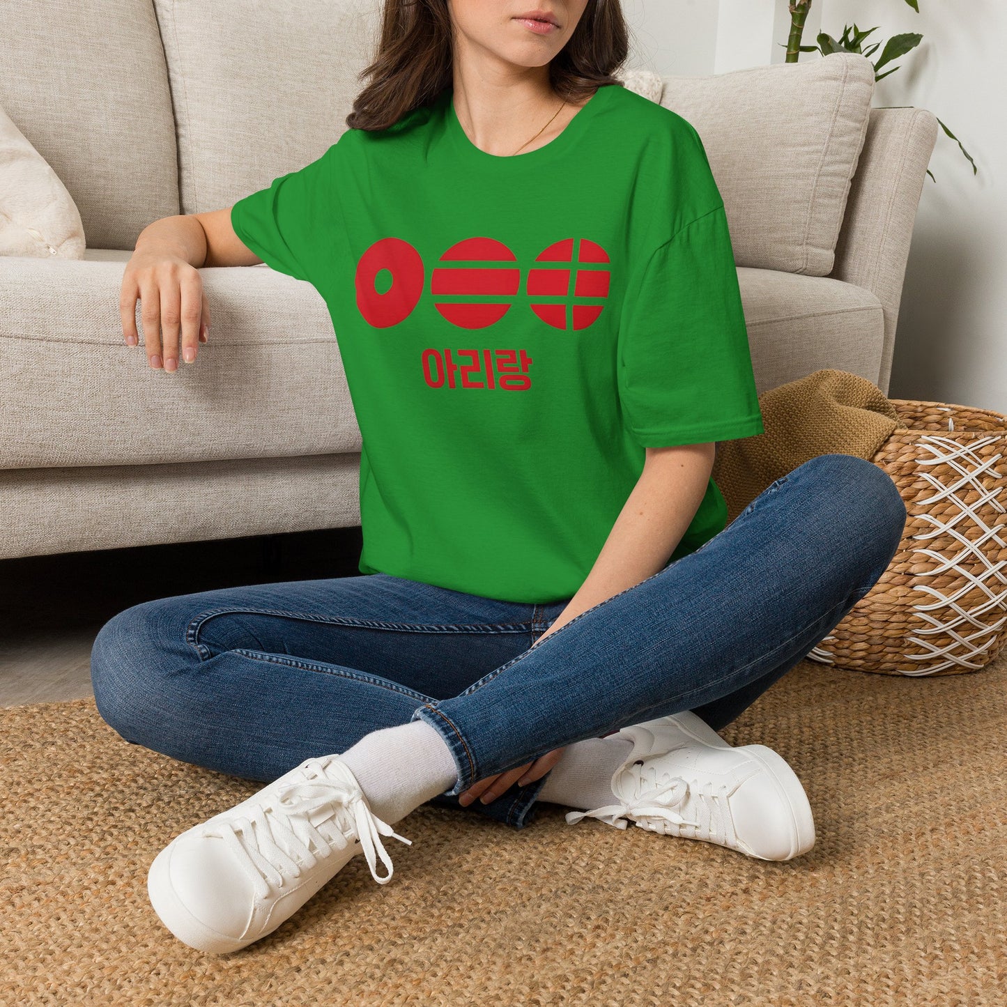 T-Shirt — Korean Arirang Graphic Tee (Red Retro Symbols)