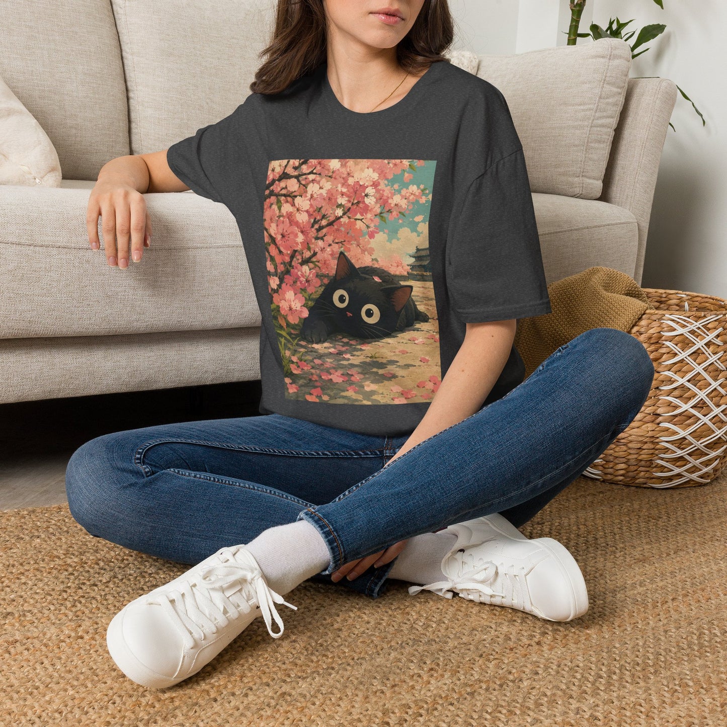 Cherry Blossom Cat T-Shirt — Cute Black Cat Under Sakura Scene