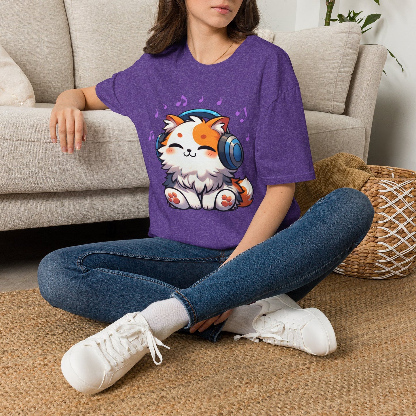 Cute Cat Music Lover T-Shirt - Unisex Softstyle Tee with Headphones and Musical Notes