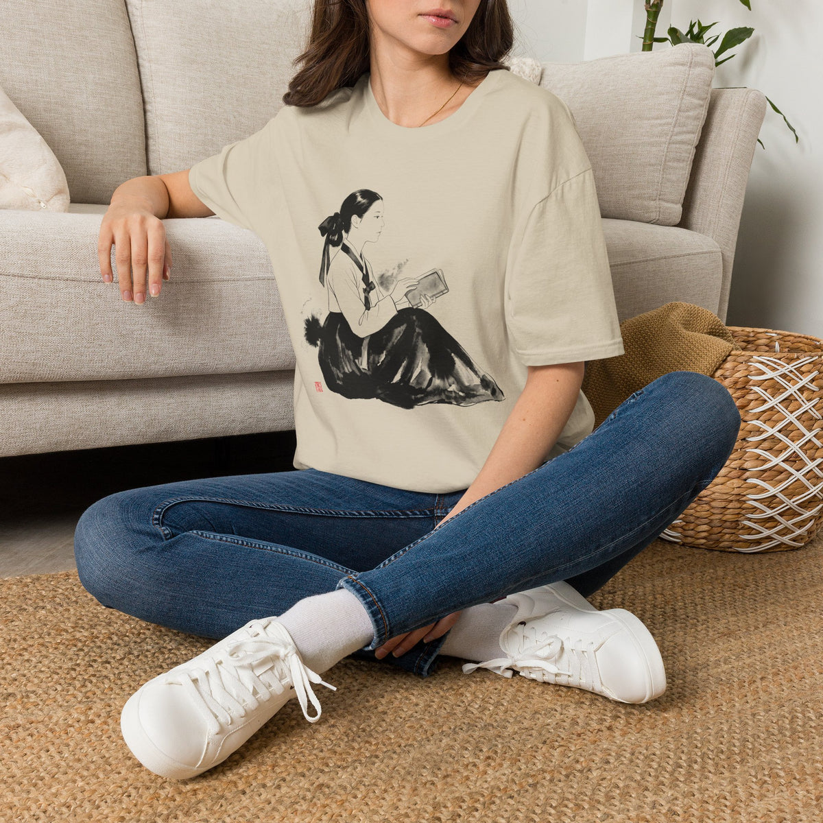 Vintage Korean Hanbok Reader T-Shirt — Gentle Ink Illustration Tee