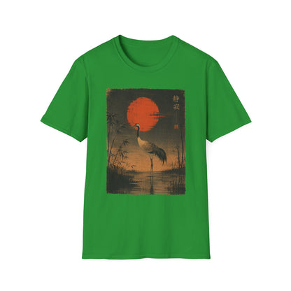 Crane & Red Sun T-Shirt — Japanese Vintage Sunset Tee