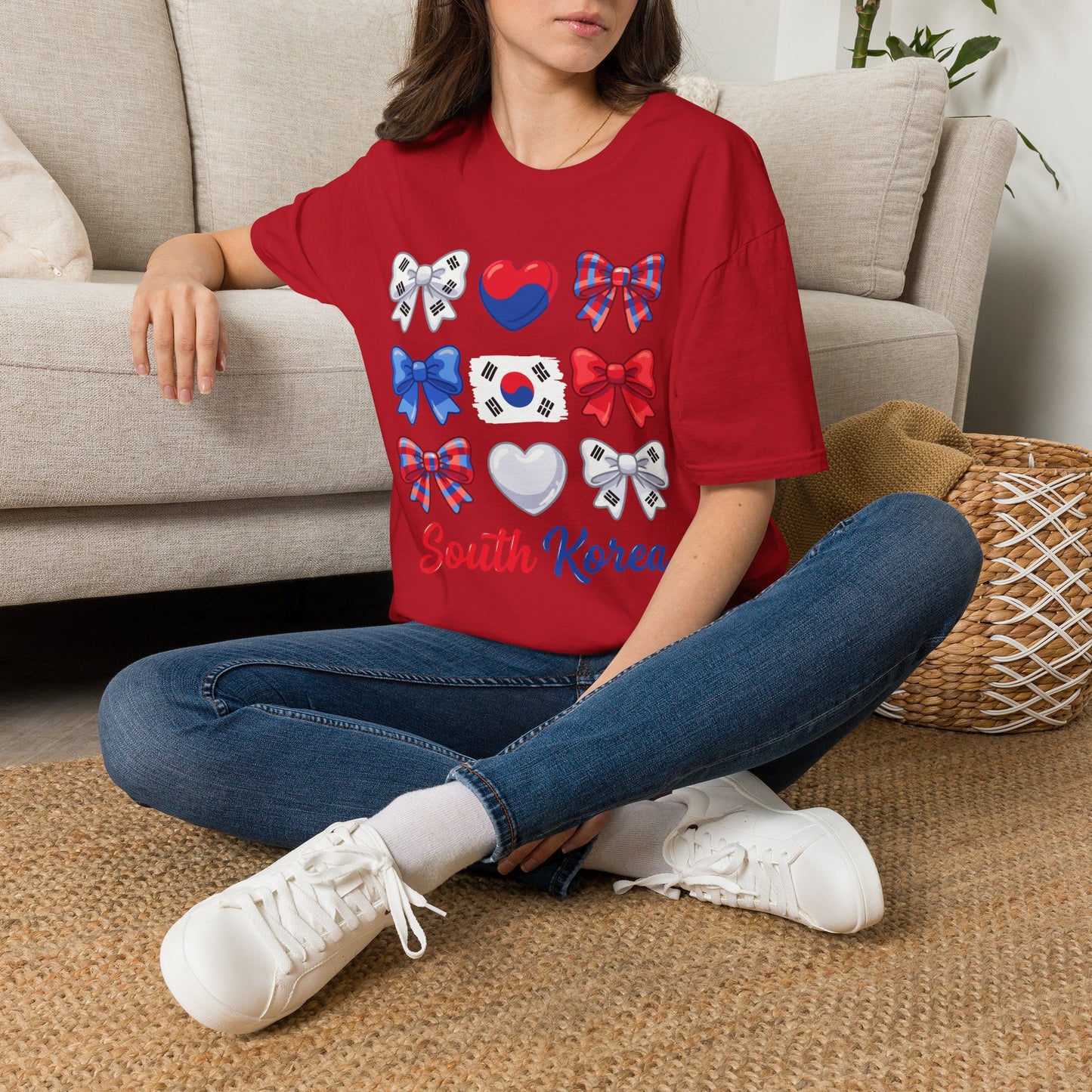 South Korea Bow Graphic T‑Shirt — Korean Flag Heart & Ribbon Design