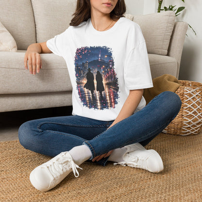 Romantic Night Stroll T-Shirt — Couple Silhouette Under Cherry Blossoms