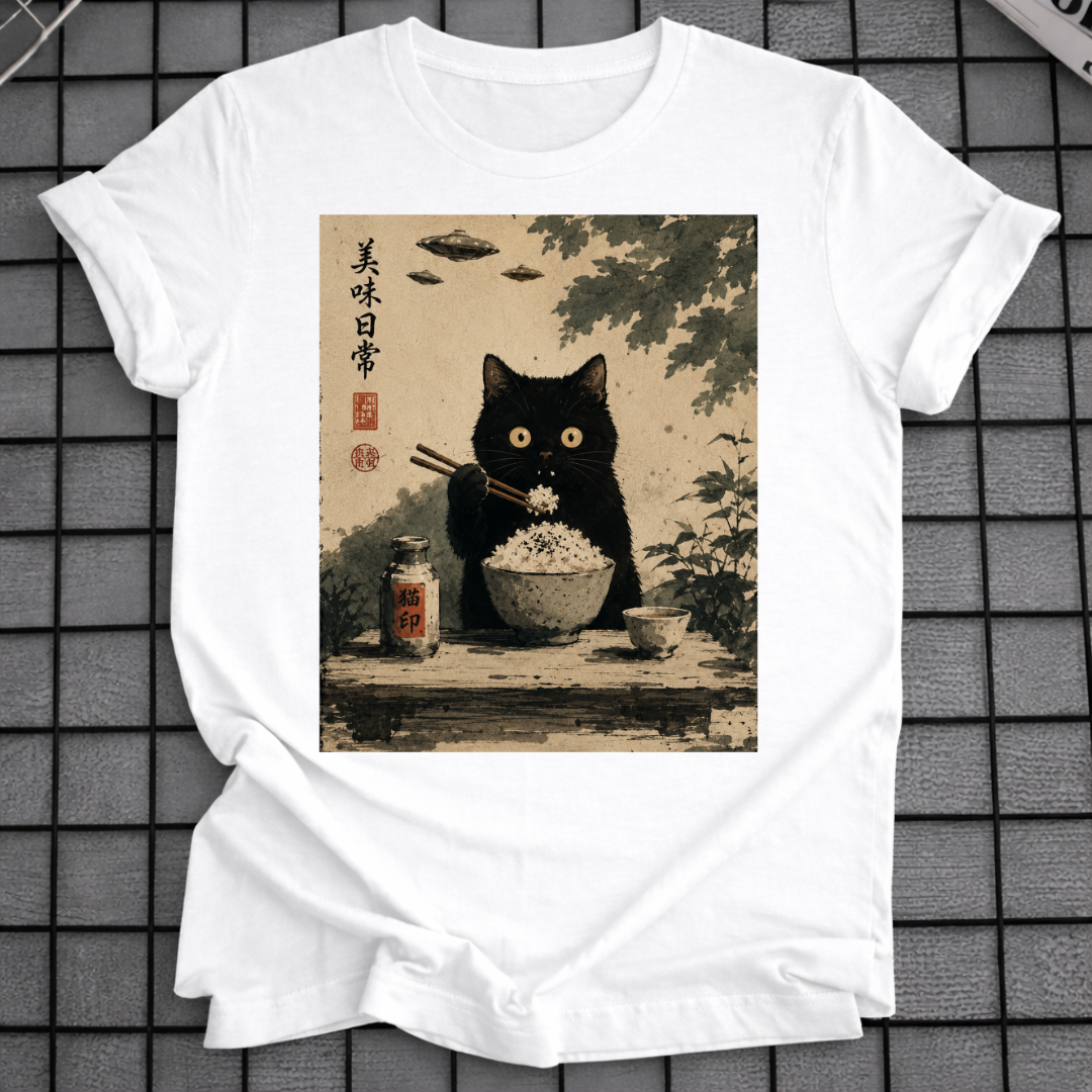 JAPANESE CAT EATING RICE T-SHIRT