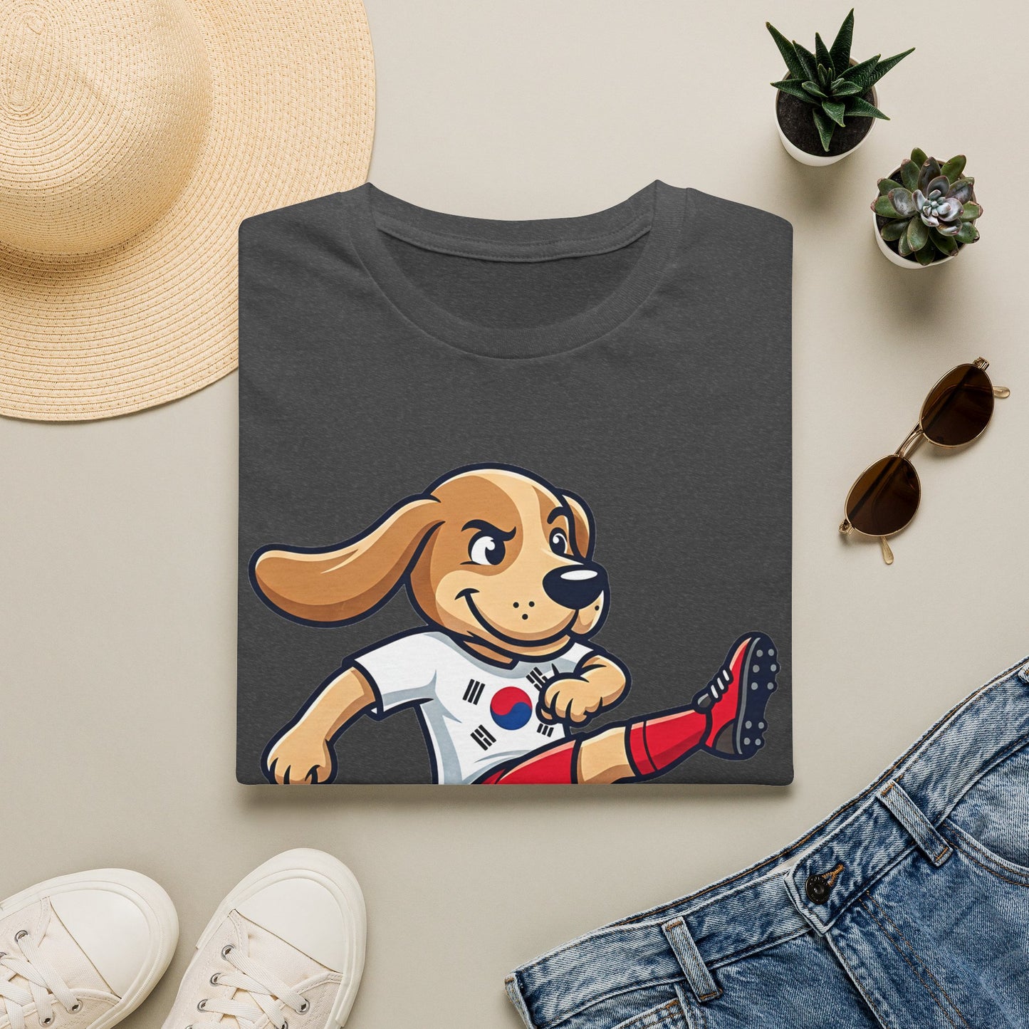 Kids’ Soccer Dog T-Shirt — Cute Cartoon Puppy Kicking Ball (Korean Flag Jersey)