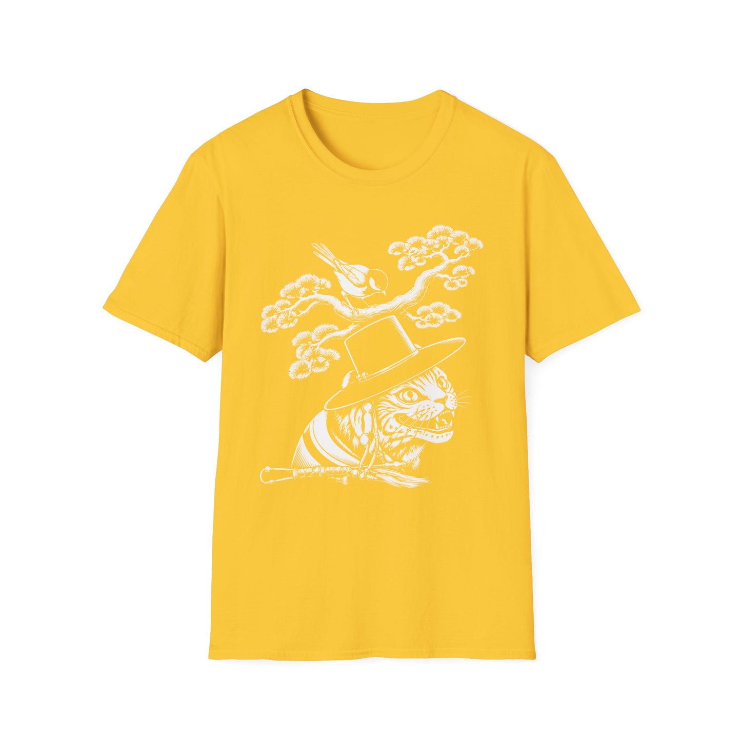 Cat in Top Hat T-Shirt — Whimsical Noir Cat & Bird Graphic Tee
