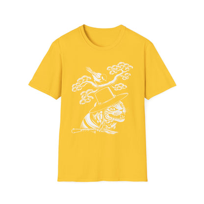 Cat in Top Hat T-Shirt — Whimsical Noir Cat & Bird Graphic Tee