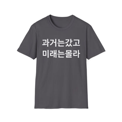 Korean Phrase T-Shirt — '과거는갔고 미래는몰라' Minimalist Typography Tee