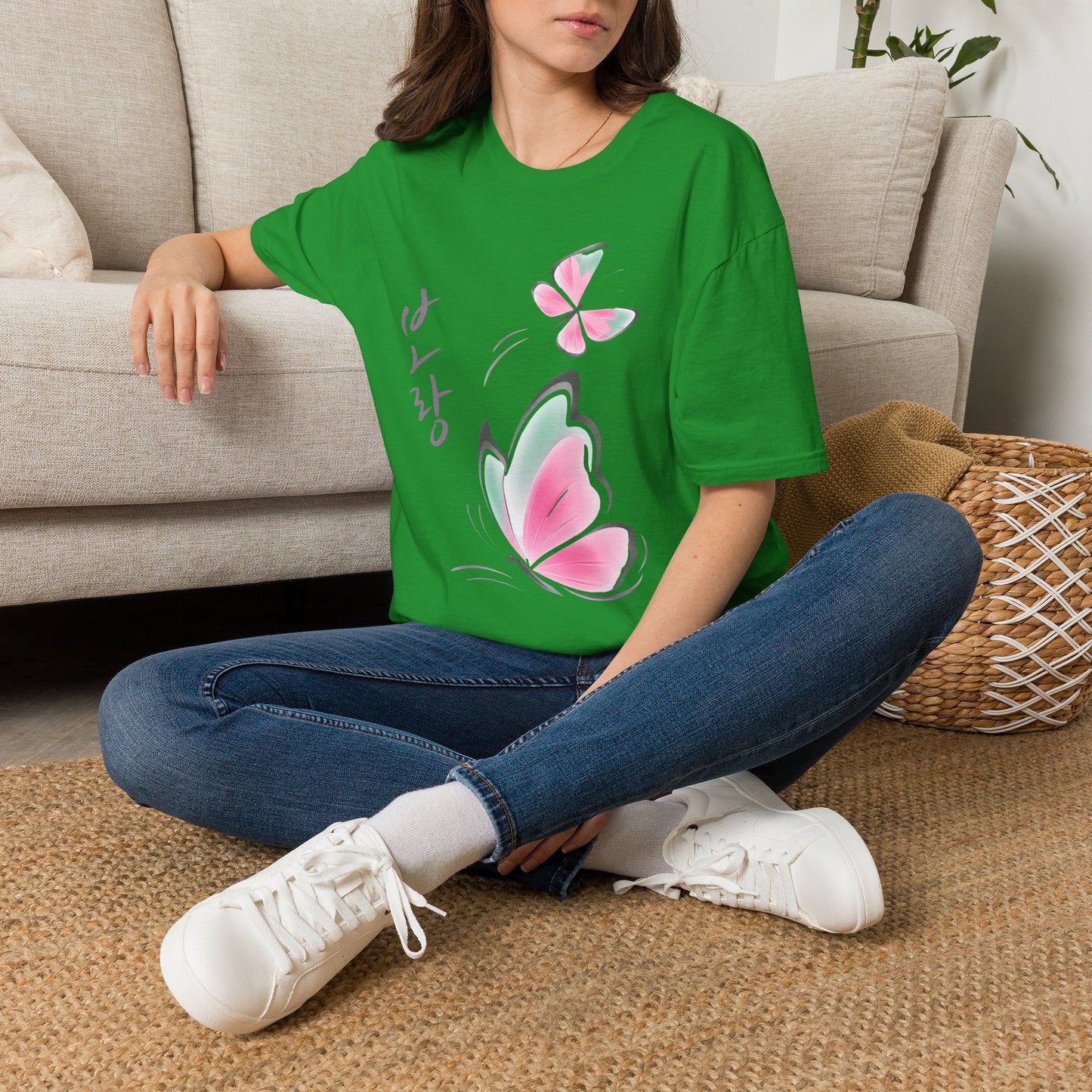 Butterfly Blossom T-Shirt — Korean Script Pink Watercolor Butterflies