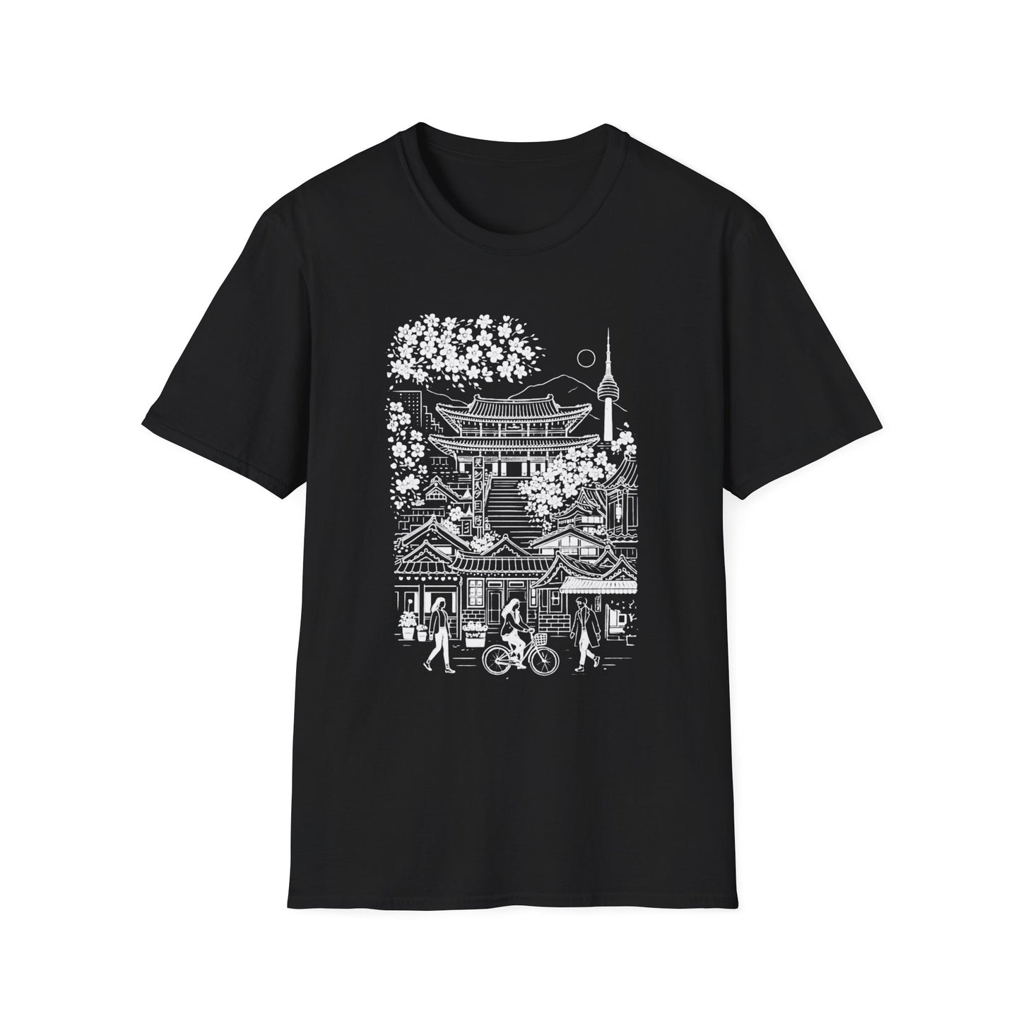 Korean Temple & Cherry Blossom T-Shirt — Seoul Pagoda Skyline Tee