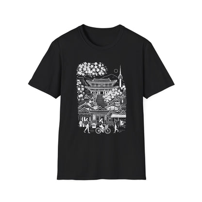 Korean Temple & Cherry Blossom T-Shirt — Seoul Pagoda Skyline Tee