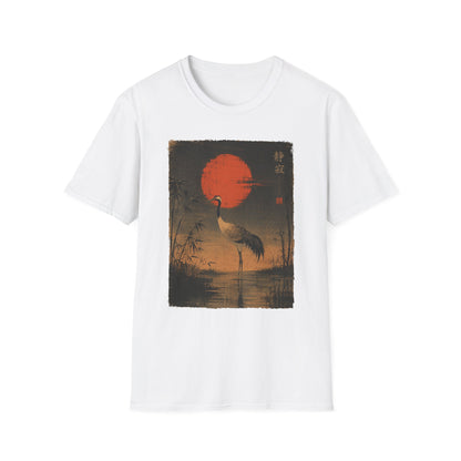 Crane & Red Sun T-Shirt — Japanese Vintage Sunset Tee