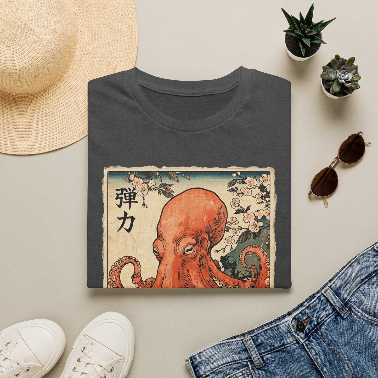 Octopus Vintage Print T-Shirt — Japanese Kanji Sea Creature Graphic