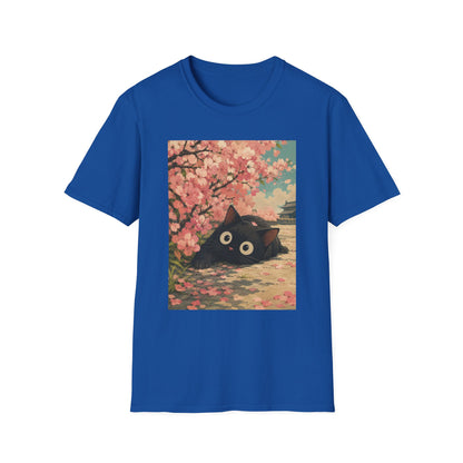 Cherry Blossom Cat T-Shirt — Cute Black Cat Under Sakura Scene