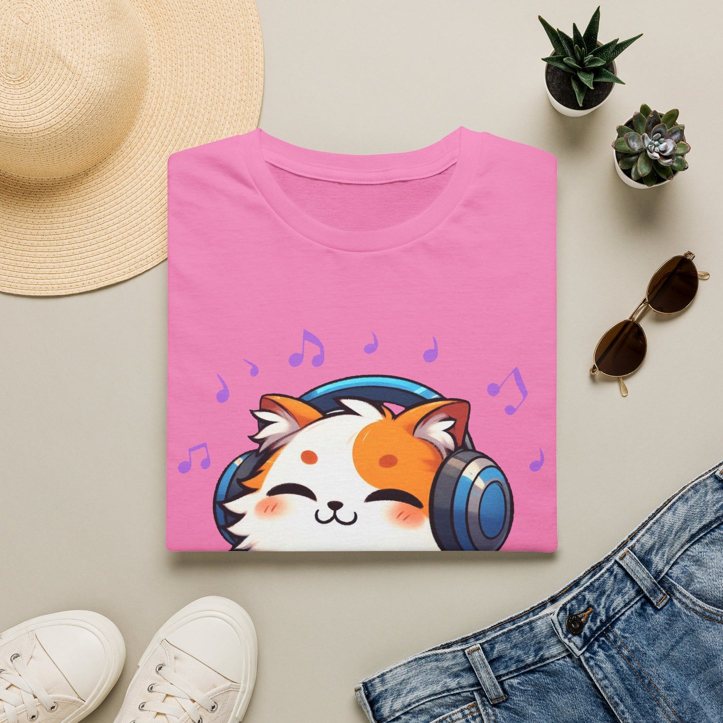 Cute Cat Music Lover T-Shirt - Unisex Softstyle Tee with Headphones and Musical Notes