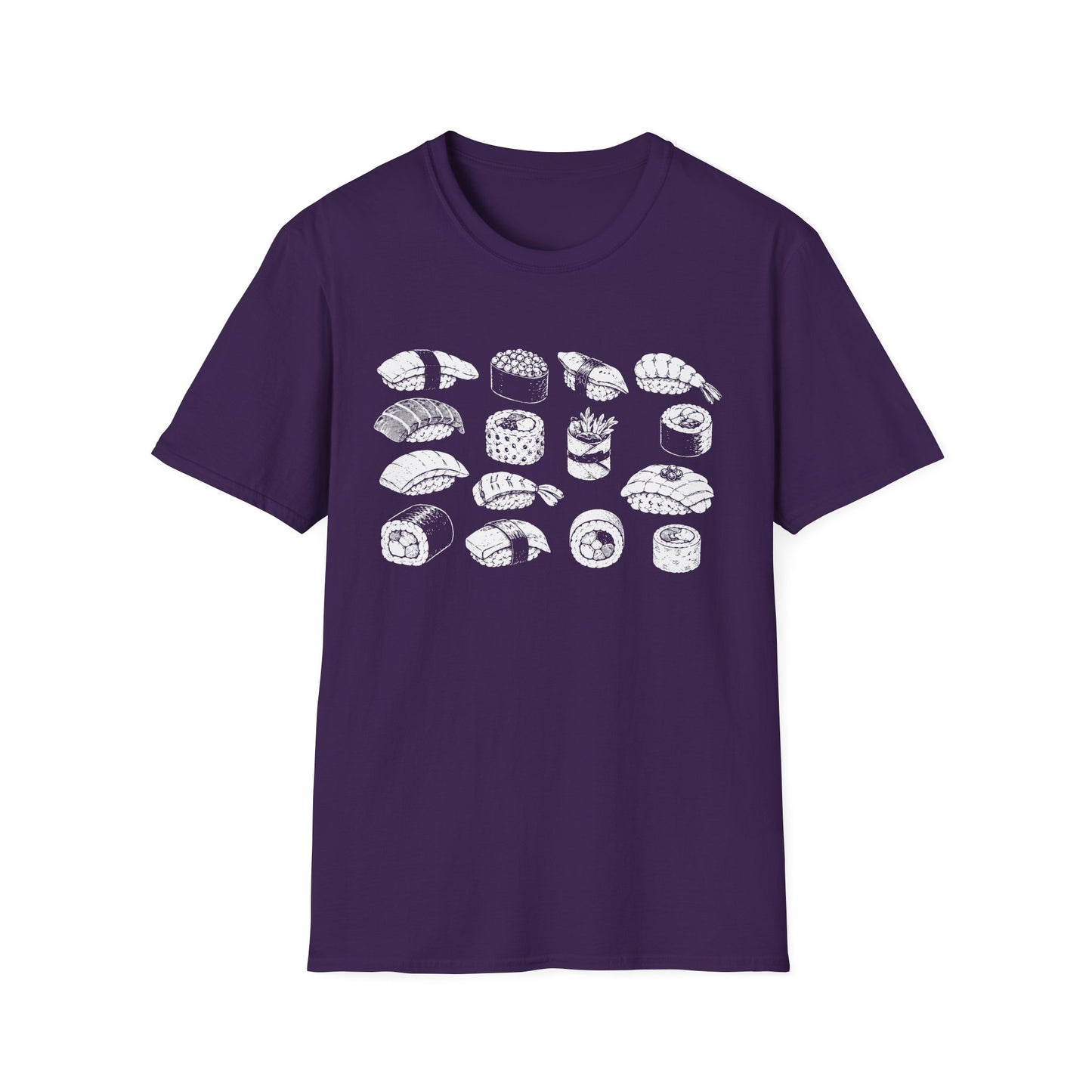 Sushi Pattern T-Shirt — White Hand-Drawn Sushi Icons Tee