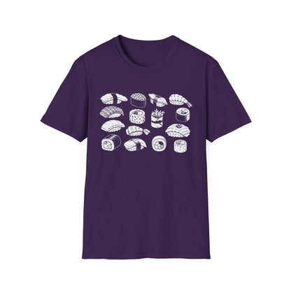 Sushi Pattern T-Shirt — White Hand-Drawn Sushi Icons Tee