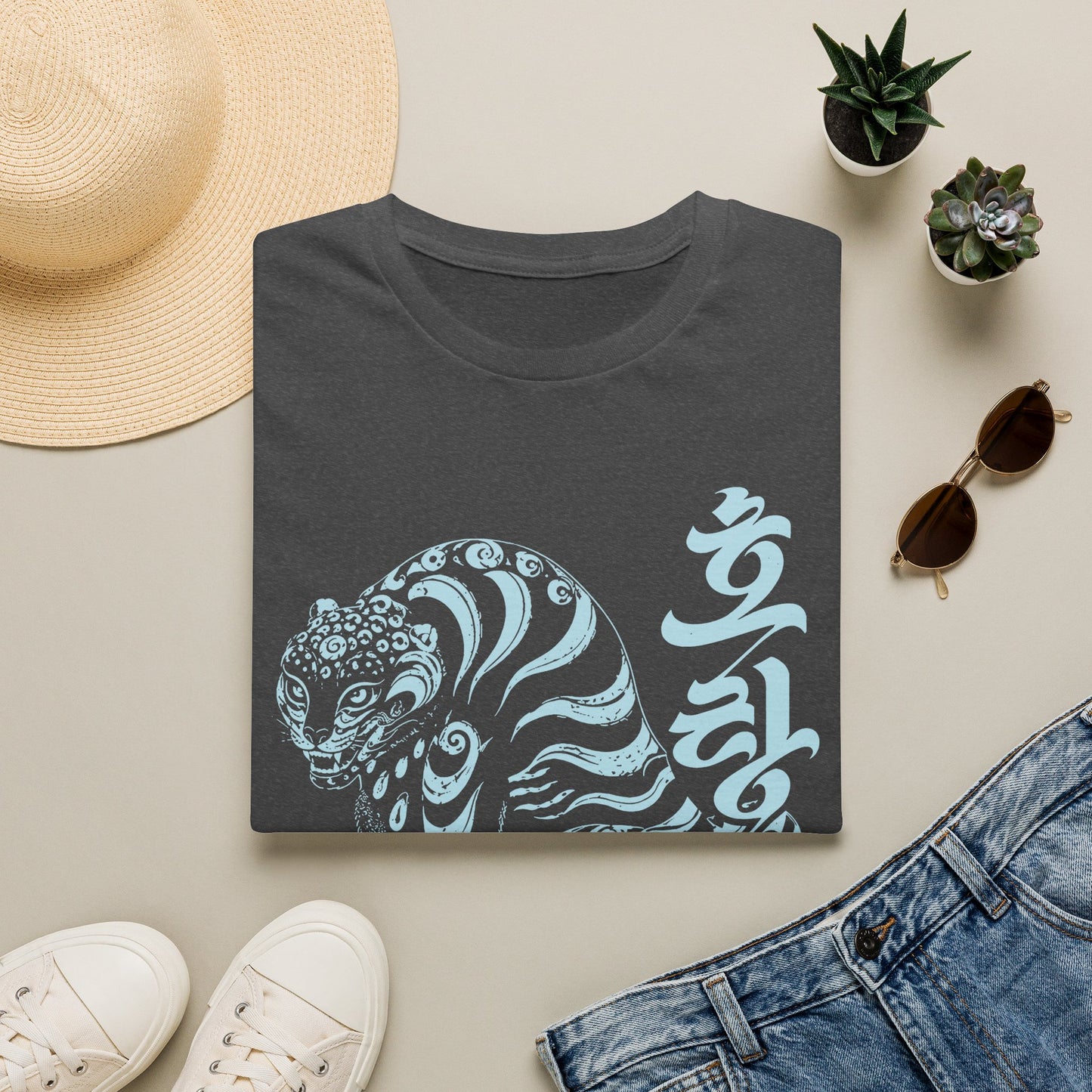 Korean Tiger Graphic T‑Shirt — Stylized Blue Tiger with Hangul Accent