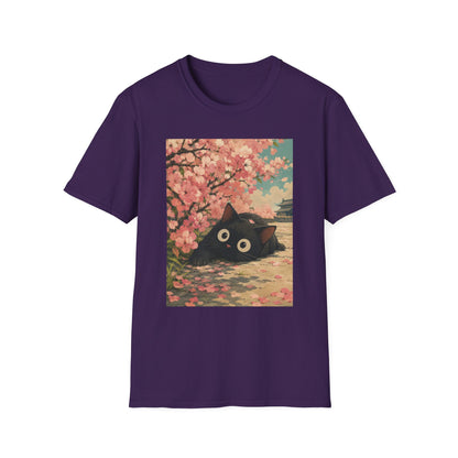 Cherry Blossom Cat T-Shirt — Cute Black Cat Under Sakura Scene