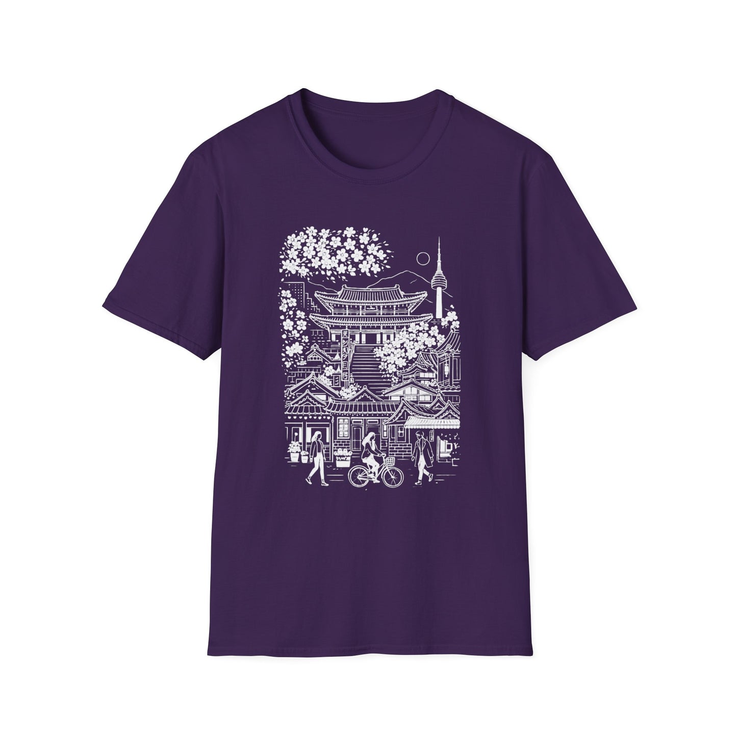 Korean Temple & Cherry Blossom T-Shirt — Seoul Pagoda Skyline Tee