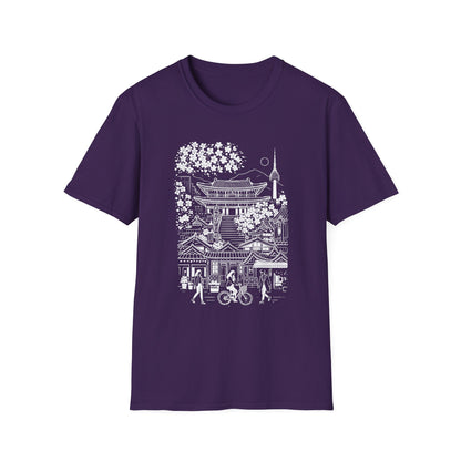 Korean Temple & Cherry Blossom T-Shirt — Seoul Pagoda Skyline Tee
