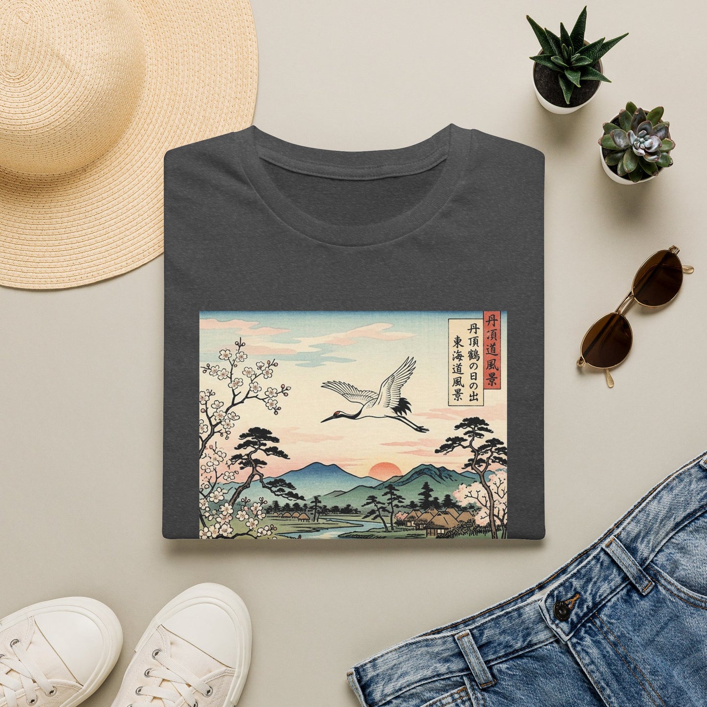 Japanese Crane Print T-Shirt — Vintage Ukiyo-e Landscape Tee