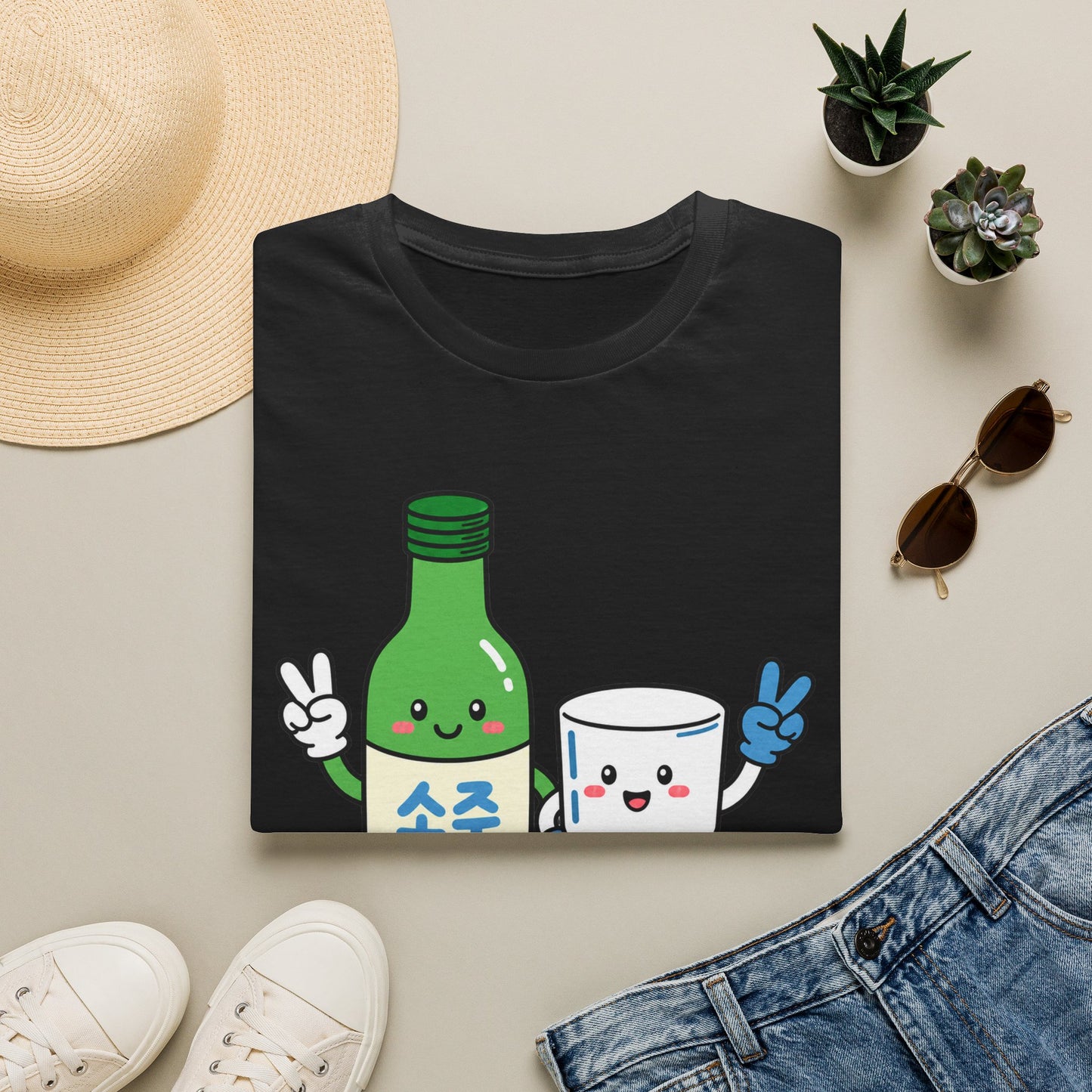 Soju & Shot Glass T‑Shirt — Cute Kawaii Cheers Design (짠!)